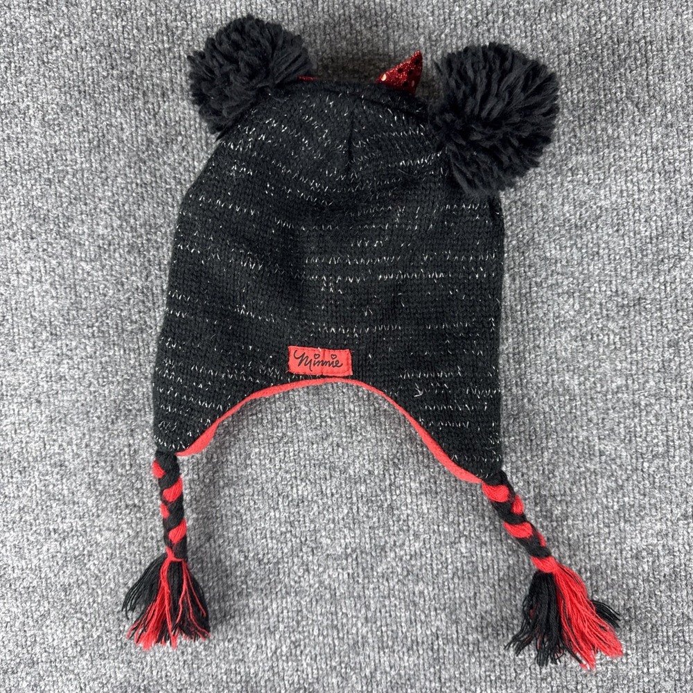 Disney Minnie Mouse Ears Knit Hat Black Red Glitter Bow Tassle Warm Girls 4 WDW - Picture 2 of 4